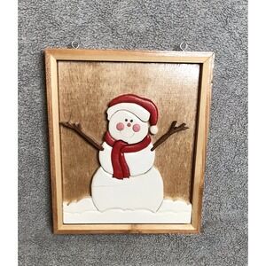 Hand Crafted Intarsia Art Technique Wooden Snowman Wall Plaque Christmas Decor